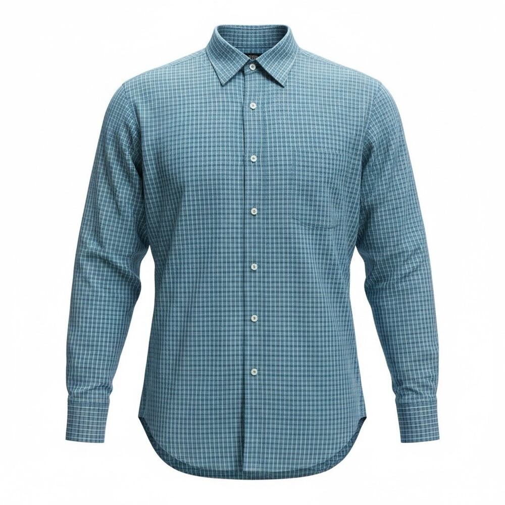 Bugatchi Uomo Shirt Blue Aqua Plaid Long Sleeve Button Up Classic Preppy A265